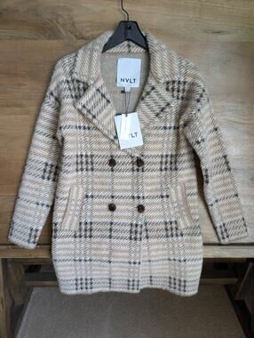 NVLT Y1112NVL Plaid Long Coat Womens XS Beige Brown Double Breasted NWT